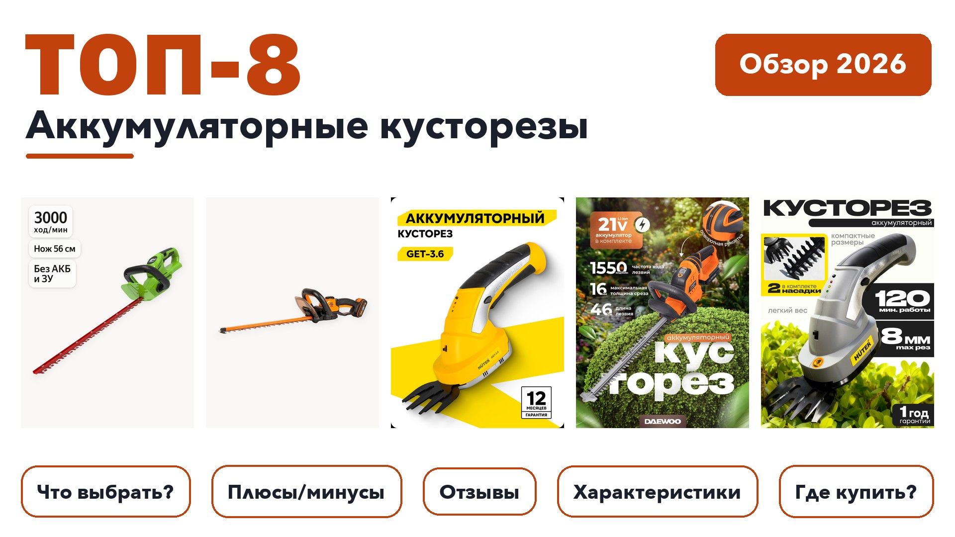 Лучшие аккумуляторные кусторезы 2026 по более 340 отзывам реальных покупателей