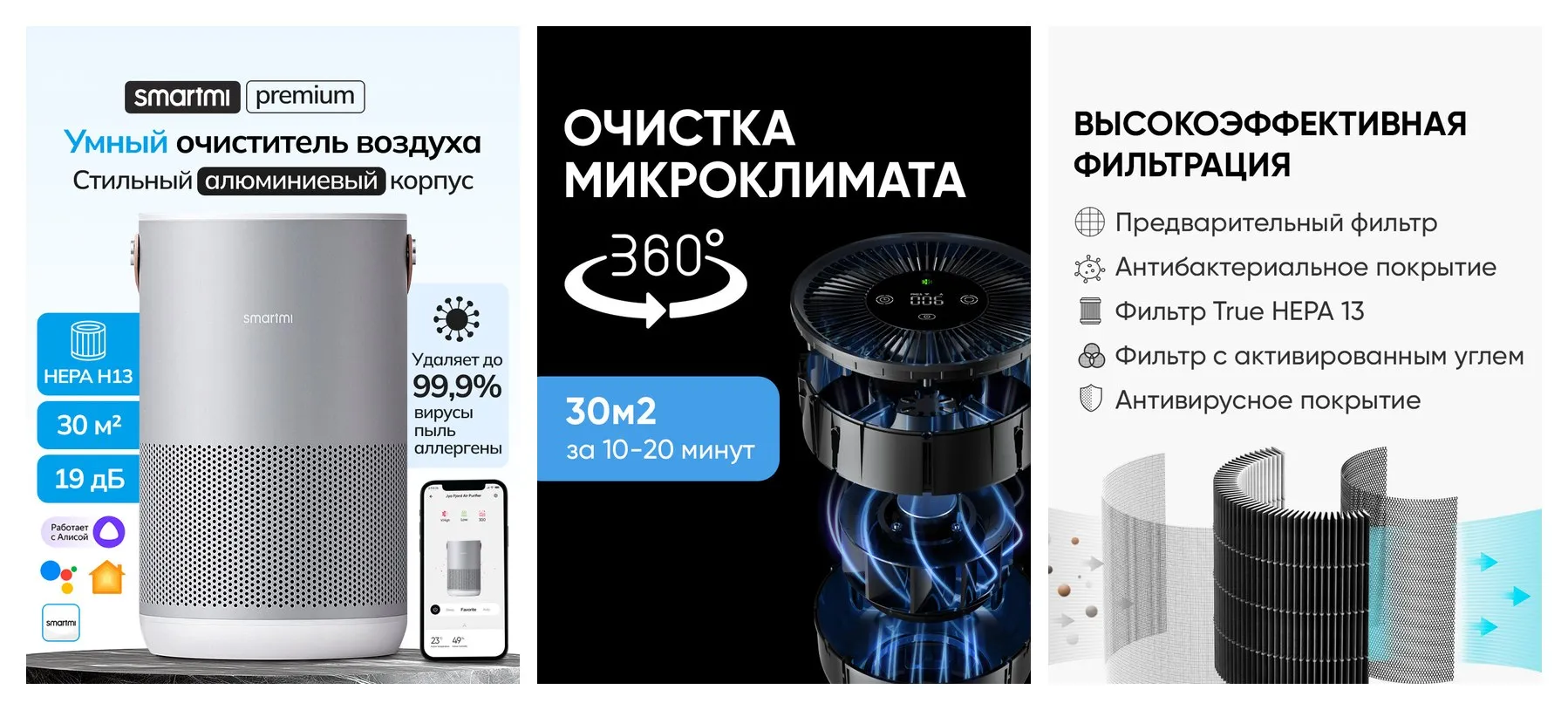 Очиститель воздуха Smartmi Air Purifier P1, с Алисой, HEPA, светло-серый