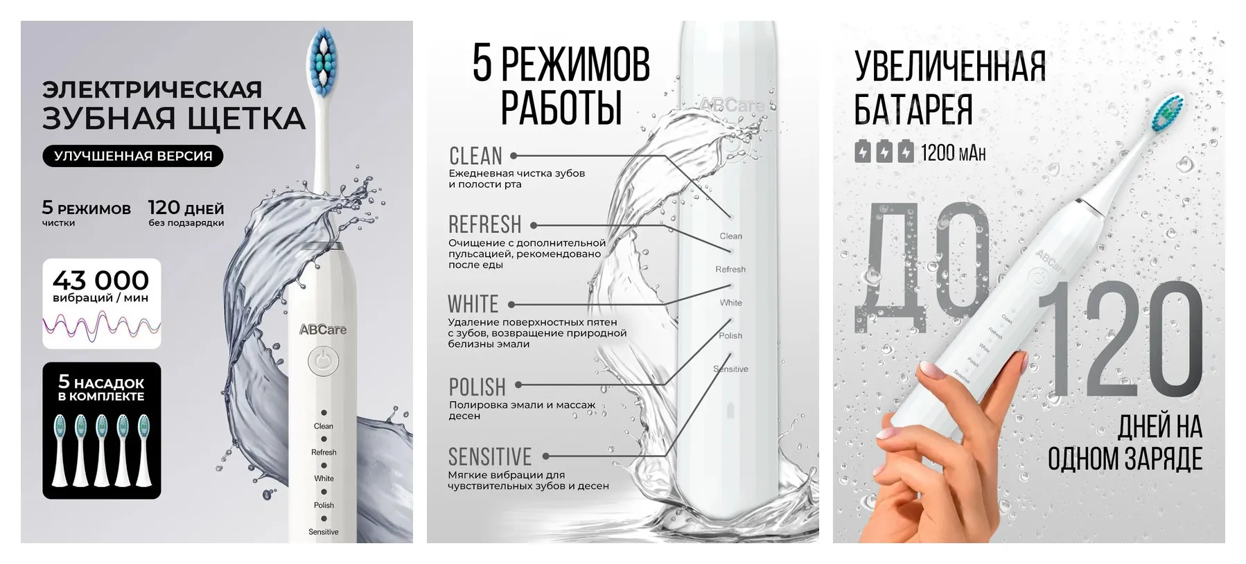 Звуковая электрическая зубная щетка AB Care: 5 режимов чистки, 5 сменных насадок, аккумулятор, Type-C, средней жесткости