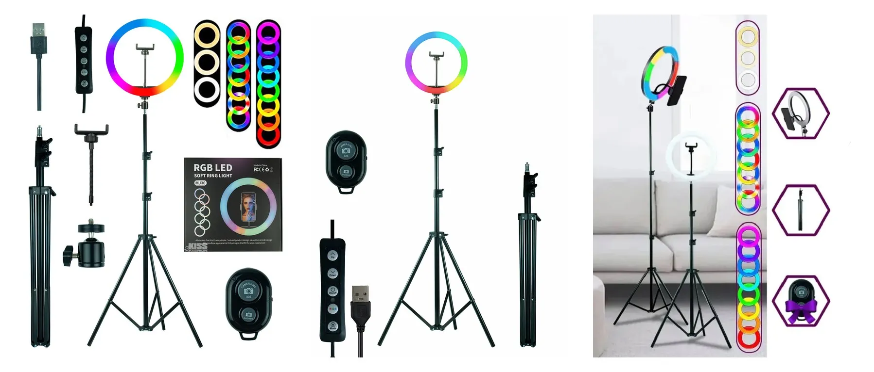 Кольцевая светодиодная лампа zKissfashion, LED-лампа RGB цветная 30 см, со штативом, с держателем для телефона и селфи пультом для стилиста, визажиста Кольцевая светодиодная лампа zKissfashion, LED-лампа RGB цветная 30 см, со штативом, с держателем для телефона и селфи пультом для стилиста, визажиста