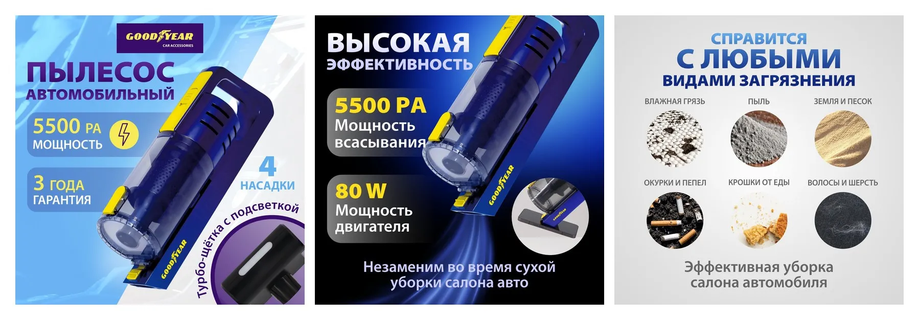 Автомобильный пылесос Goodyear VC-02 GY, сухая уборка, 80Вт, с турбощеткой, синий