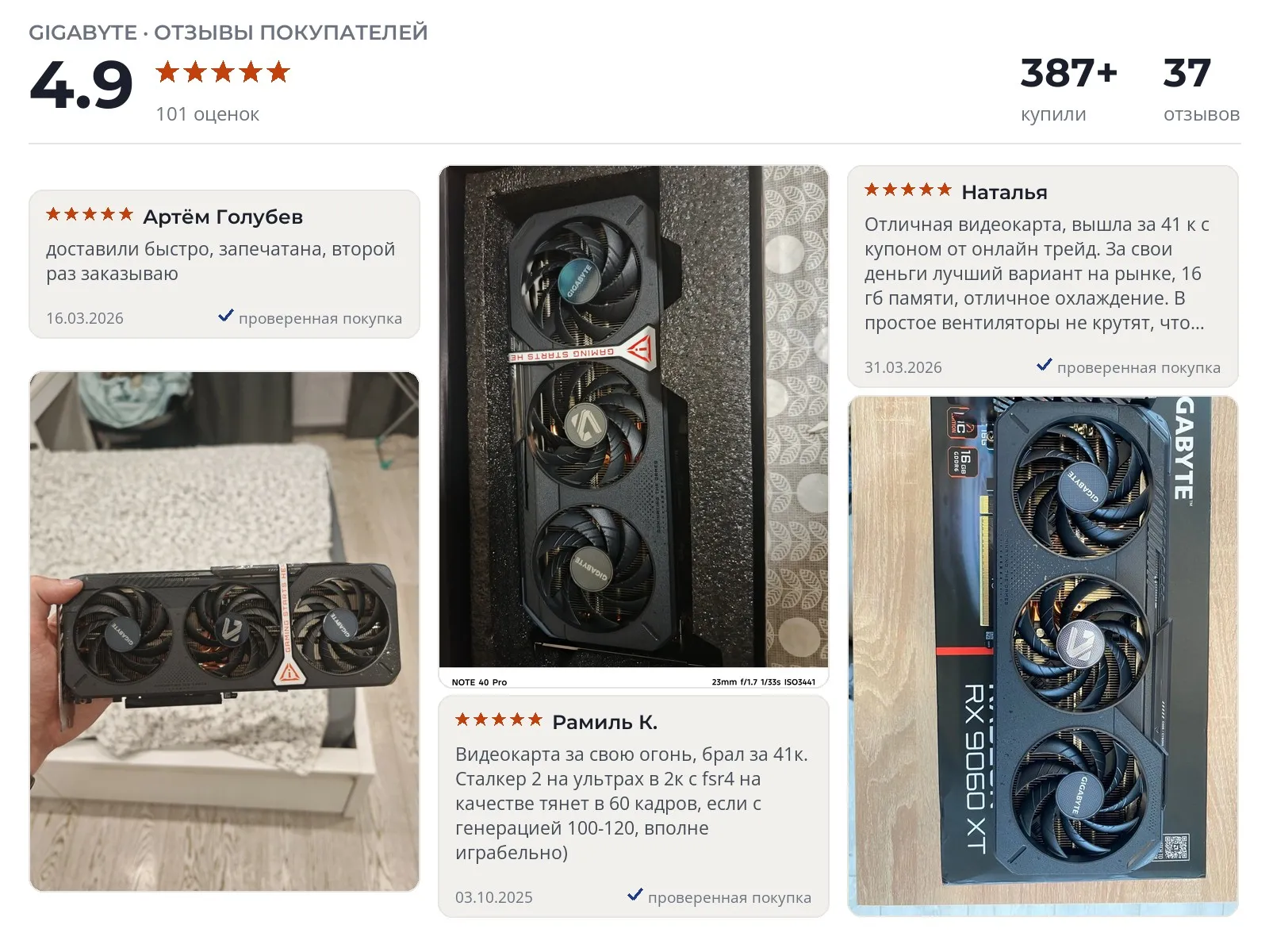 Отзывы и фотографии покупателей на Gigabyte Radeon RX 9060 XT GAMING OC. Источник Яндекс.Маркет Видеокарта Gigabyte Radeon RX 9060 XT GAMING OC - реальные фото и отзывы покупателей