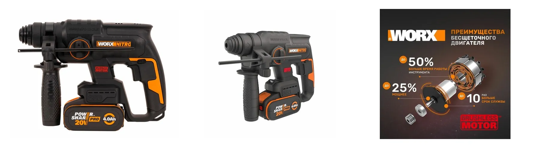 Перфоратор аккумуляторный бесщеточный WORX WX381, 20В, 4Ач x1, ЗУ 2А, кейс Перфоратор аккумуляторный бесщеточный WORX WX381, 20В, 4Ач x1, ЗУ 2А, кейс