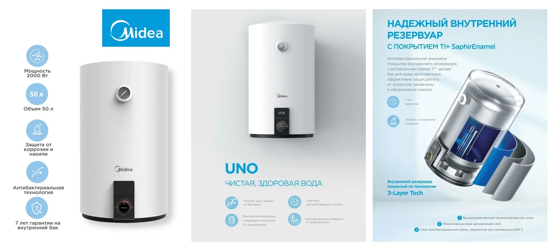 Накопительный водонагреватель Midea MWH-5015-CVM, 1500 Вт, 50 л, защита от коррозии, антибактериальная технология, белый Накопительный водонагреватель Midea MWH-5015-CVM, 1500 Вт, 50 л, защита от коррозии, антибактериальная технология, белый