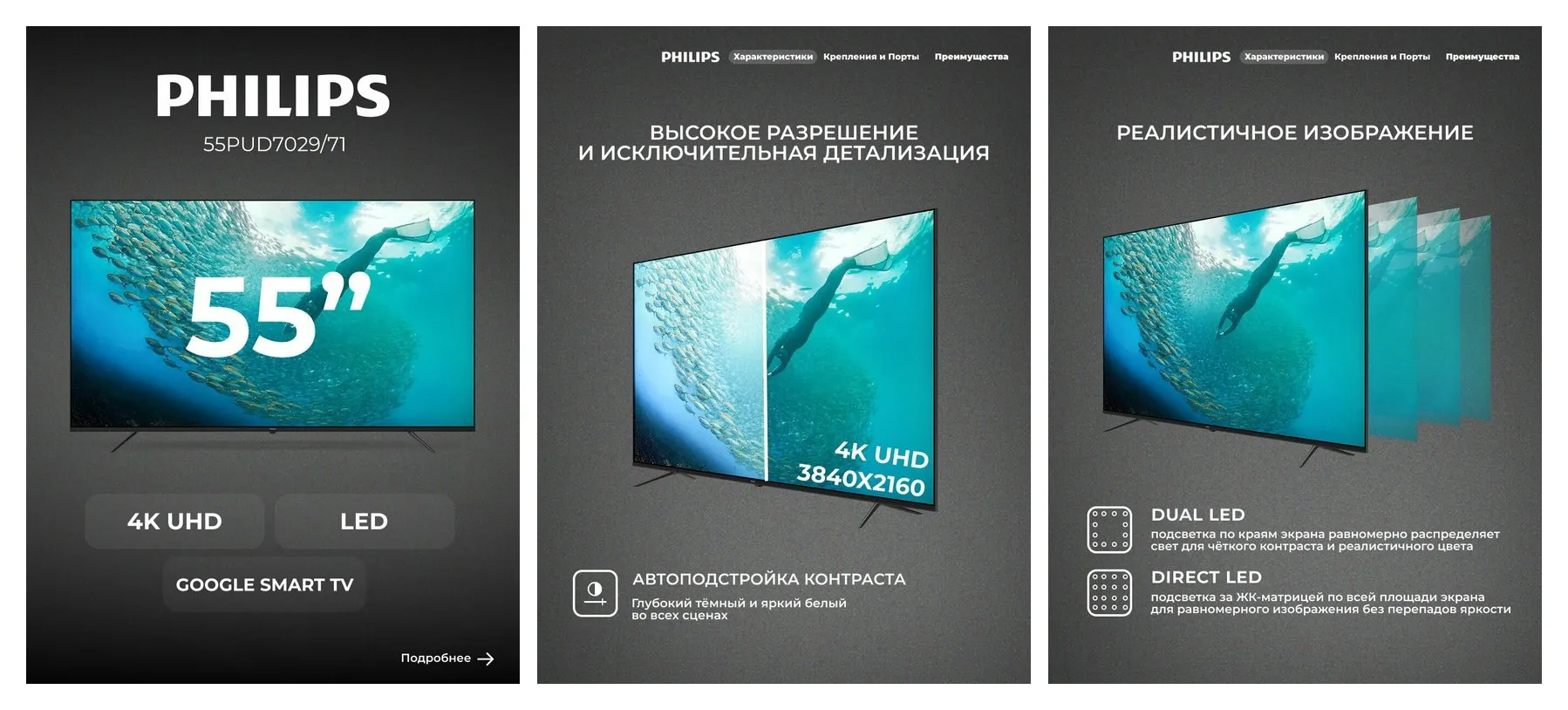 LED телевизор Philips 55PUD7029/71 диагональ 55″ 4K UHD, черный
