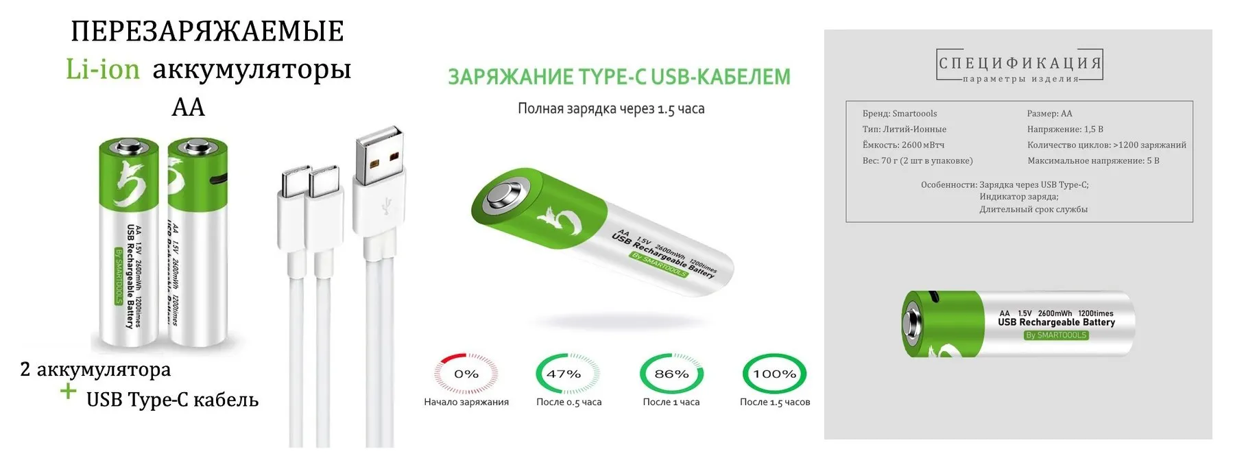 Smartoools Аккумуляторные перезаряжаемые батарейки Li-ion АА 1,5V 2600 mWh (2шт) с USB кабелем пальчиковые