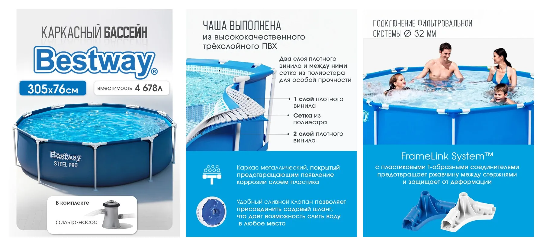 Бассейн каркасный Steel Pro Bestway 305x76 см, 4678 л (в комплекте фильтрующий насос)
