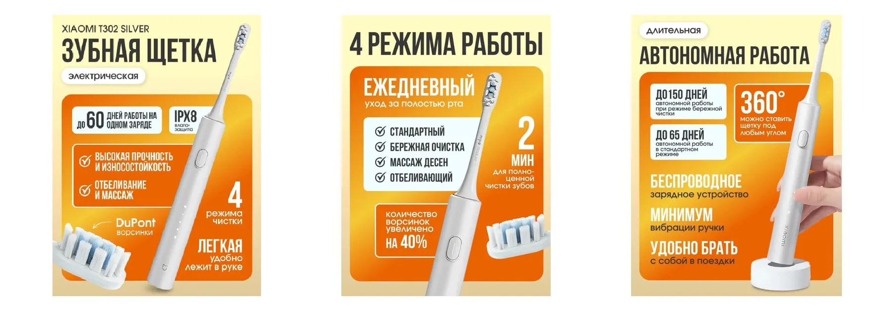 Электрическая ультразвуковая зубная щетка Xiaomi Mijia T302 серебристый