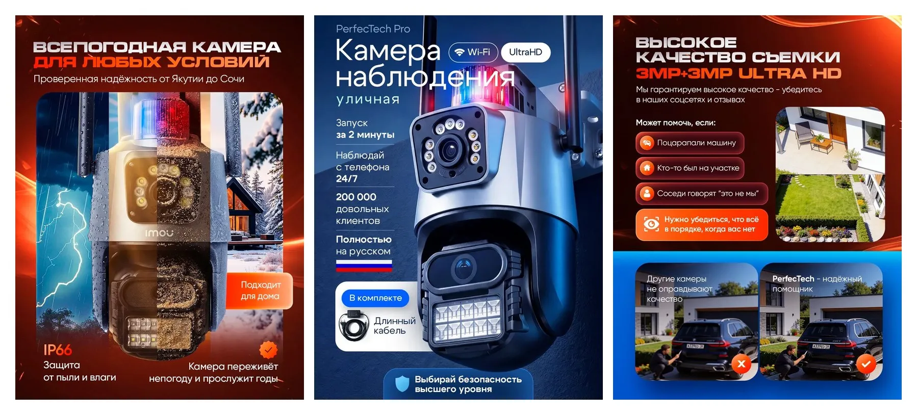 Камера видеонаблюдения wifi уличная Perfectech PRO камера поворотная с датчиком движения 3МП, кабель 3м