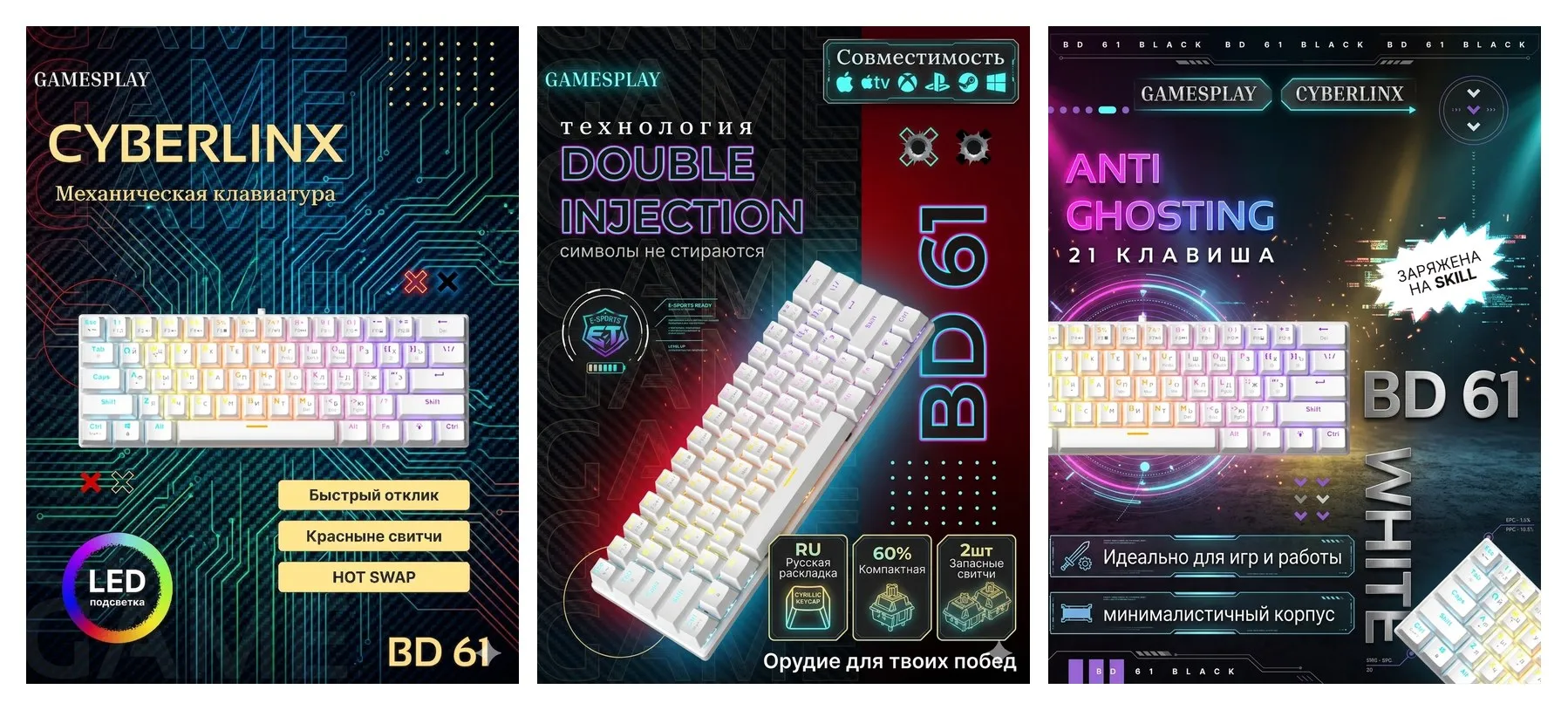 Механическая клавиатура CYBERLYNX BD61, механическая, RGB подсветка, компактная, русская раскладка Механическая клавиатура CYBERLYNX BD61, механическая, RGB подсветка, компактная, русская раскладка