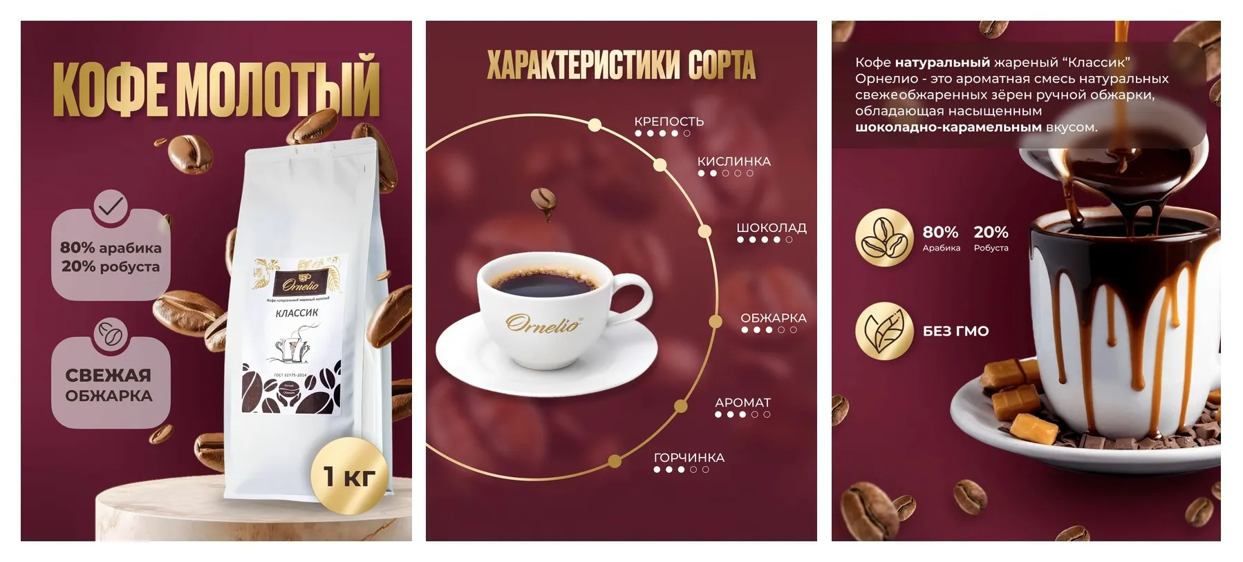 Кофе молотый ″Классик″ Орнелио, 1 кг, 80 % арабика 20 % робуста, средняя обжарка