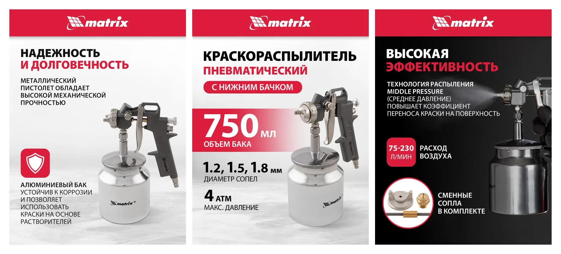 Краскопульт пневматический Matrix MP (базовый), сопла 1.2-1.8 мм и нижний бачок 0.75 л, расход воздуха 230 л/мин, 57317