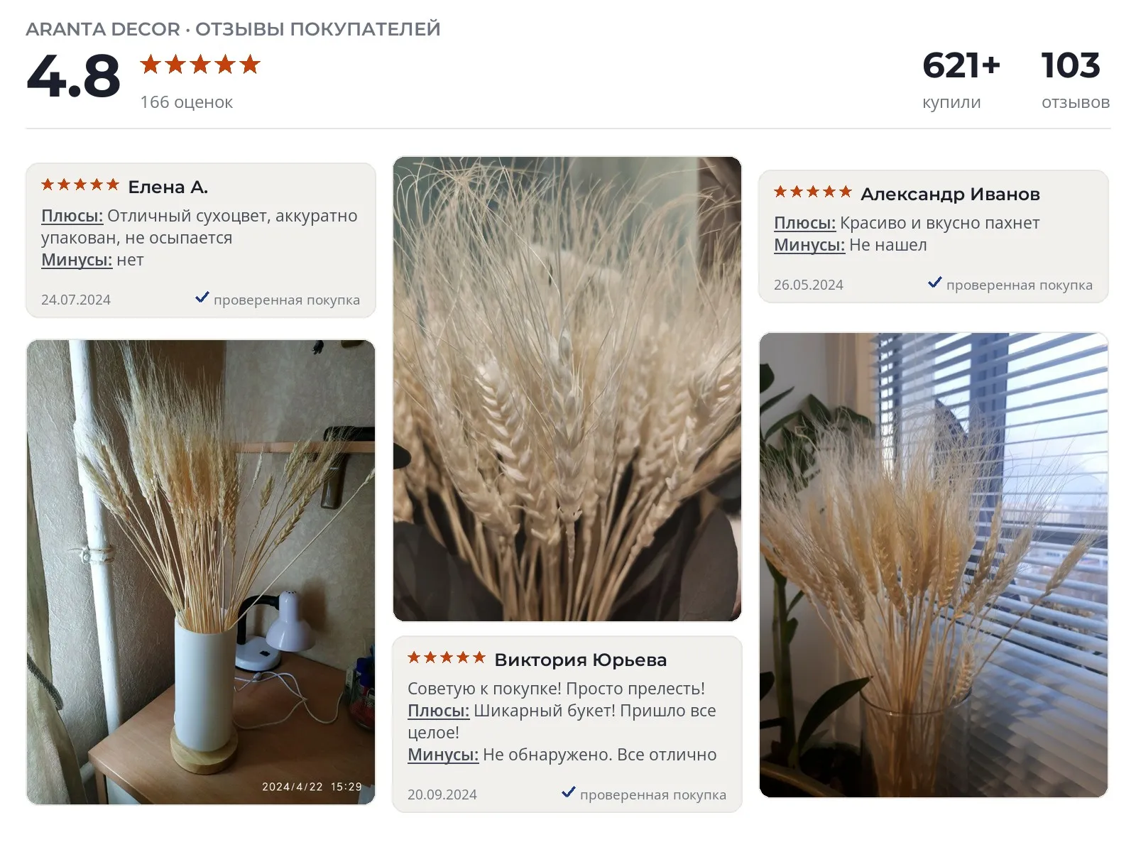 Сухоцвет ARANTA Decor Колосья пшеницы беленые - реальные фото и отзывы покупателей