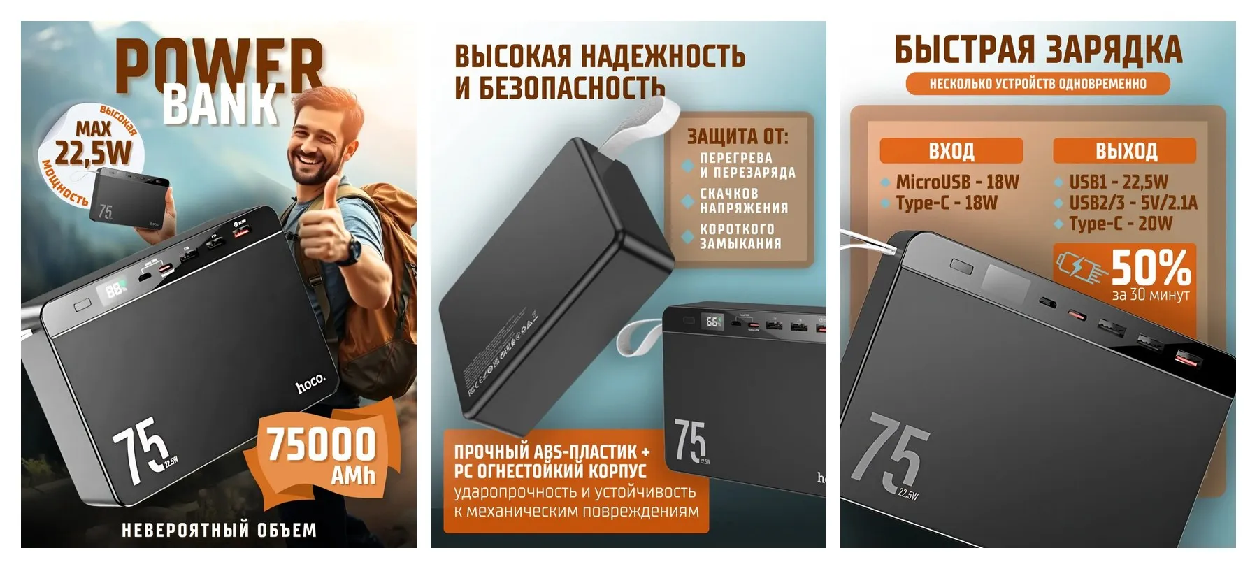 Повербанк Hoco J94, 75000 mAh с быстрой зарядкой, powerbank черный, внешний портативный аккумулятор Повербанк Hoco J94, 75000 mAh с быстрой зарядкой, powerbank черный, внешний портативный аккумулятор