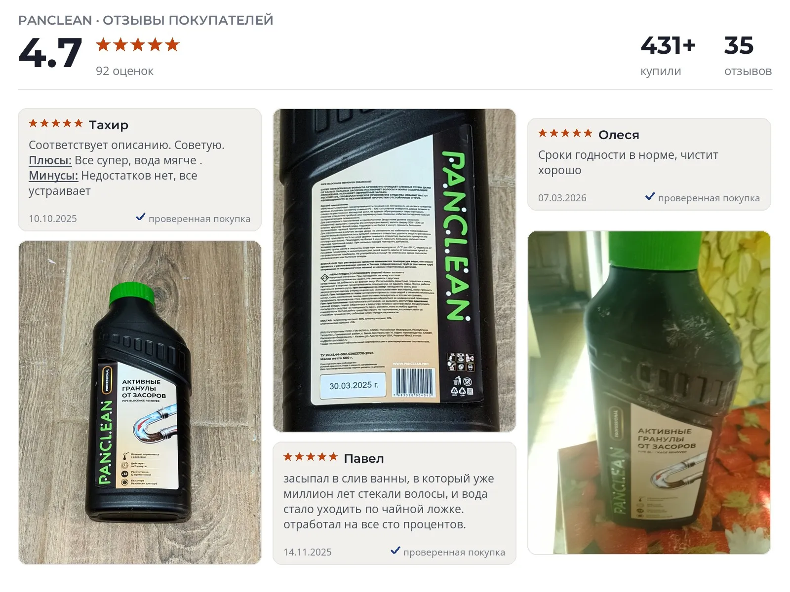Отзывы и фотографии покупателей на Panclean Pipe. Источник Яндекс.Маркет Средство от засоров труб Panclean Pipe - реальные фото и отзывы покупателей