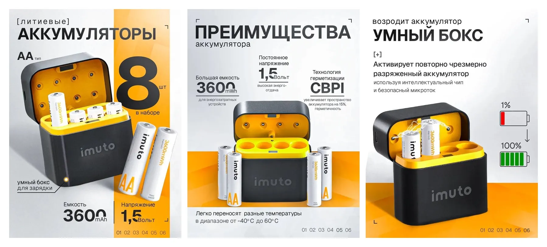 Набор аккумуляторных батарей IMUTO, с зарядным устройством, 8 штук