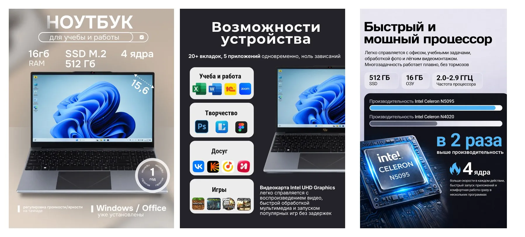 Ноутбук GR для работы и учебы, Intel N5095, 16ГБ RAM, SSD 512ГБ, IPS экран, Windows 11