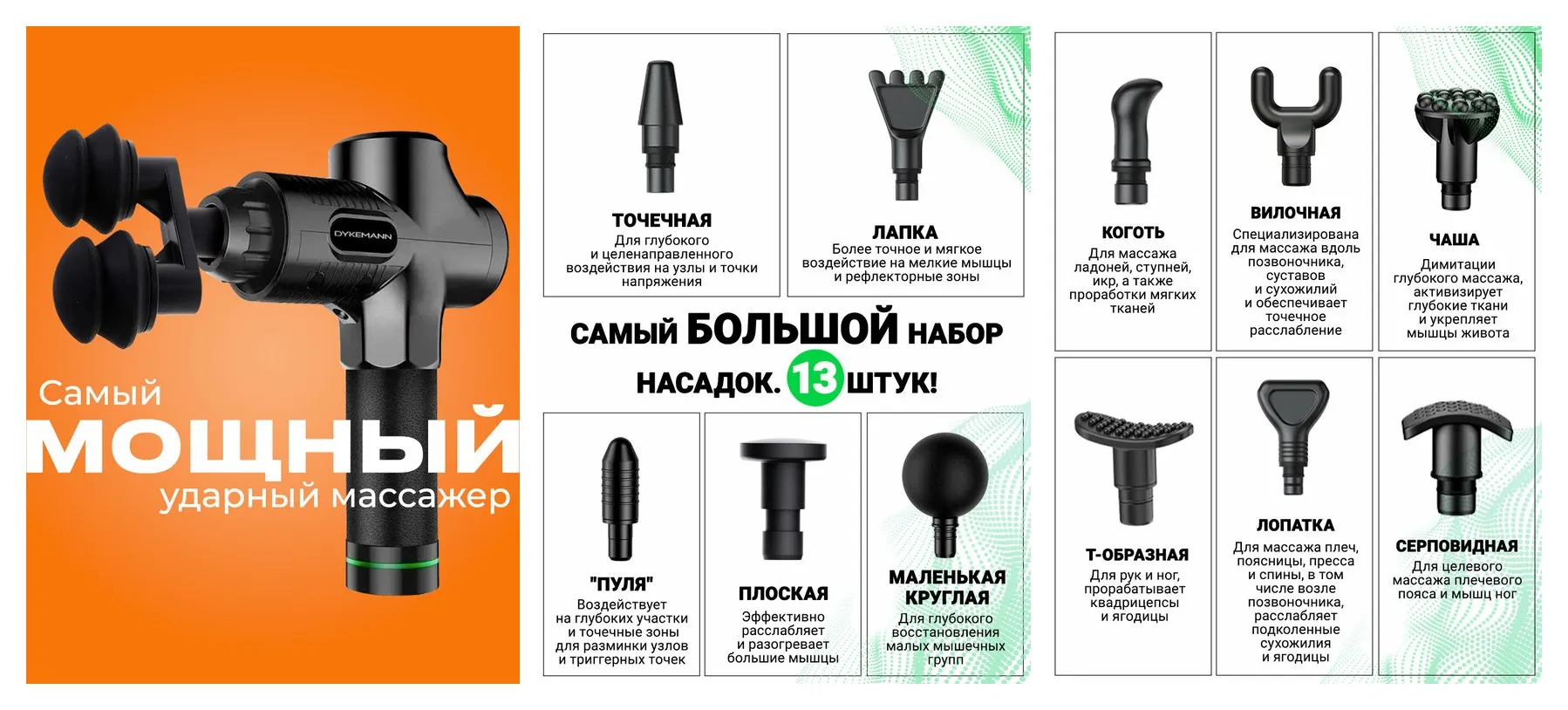 Перкуссионный массажер Dykemann Muskeltraining M-25/ Массажный пистолет для тела, шеи, плеч, спины, рук и ног