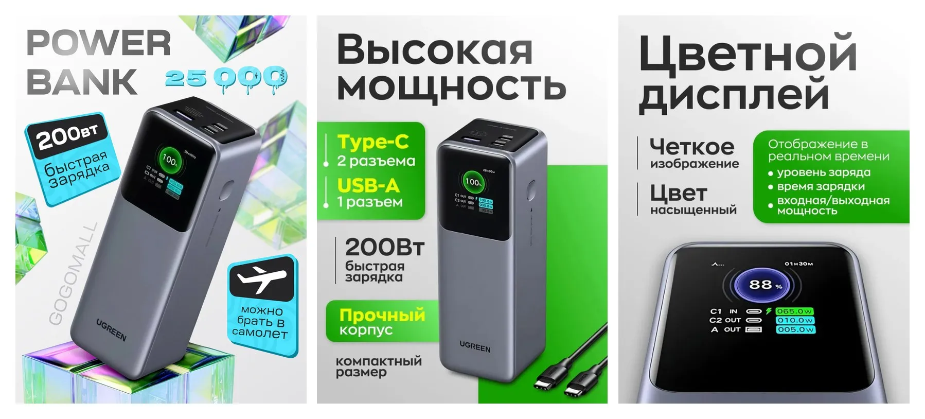 Внешний аккумулятор Ugreen PB722 (35525B) 25000mAh Fast Charging, 200W , серый Внешний аккумулятор Ugreen PB722 (35525B) 25000mAh Fast Charging, 200W , серый