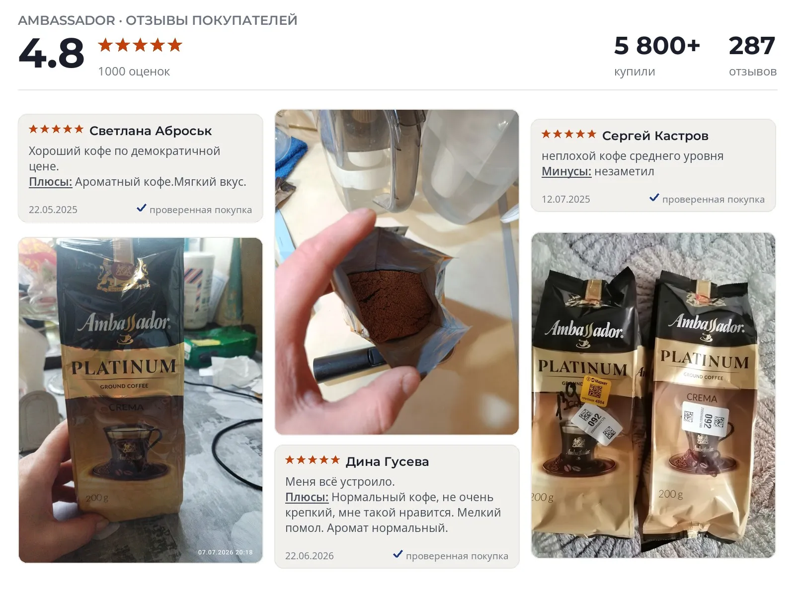 Молотый кофе Ambassador Platinum Crema - реальные фото и отзывы покупателей