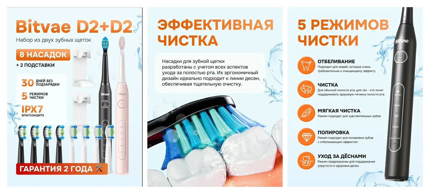 Набор из двух электрических зубных щеток Bitvae D2 (D2+D2 Bundle B+P) , GLOBAL, 1xBlack+1xPink