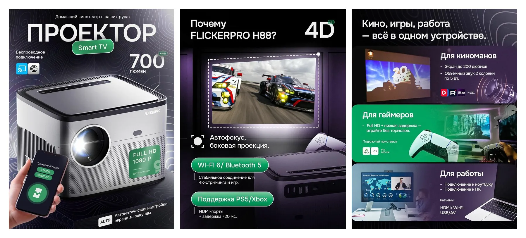 FLICKERPRO H88 Портативный проектор для фильмов 4К с подключением к телефону,700 ANSI, Full HD, Wi-Fi 6, Домашний кинотеатр, автофокус, коррекция искажений,12000люмен