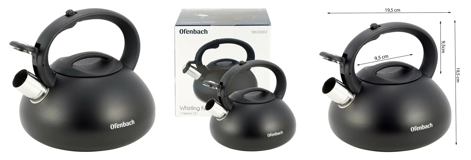 Чайник 2,5 л. из нержавеющей стали со свистком Ofenbach NB 100302 и ручкой из нейлона (черный)