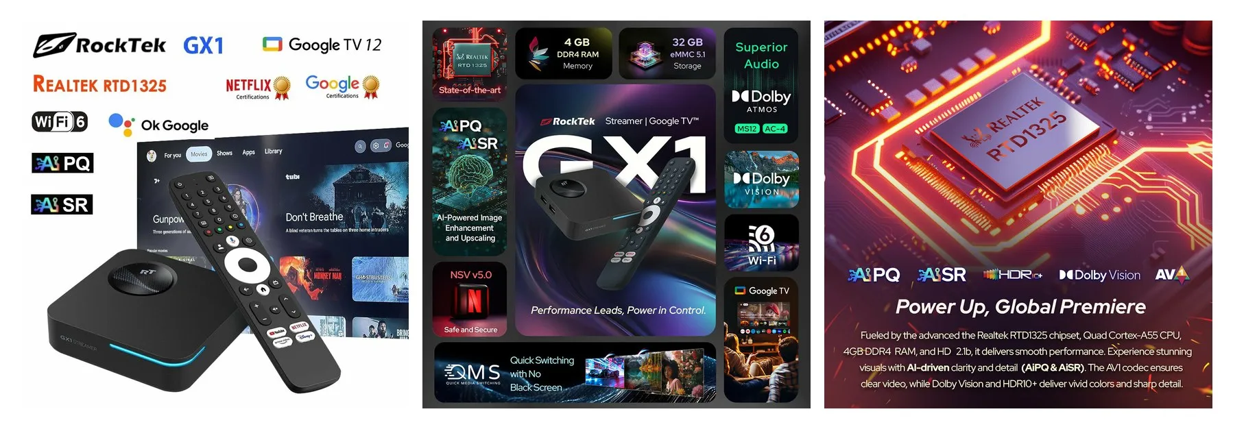 Смарт ТВ приставка RockTek GX1 4ГБ/32ГБ Realtek1325 Google TV 12 Медиаплеер
