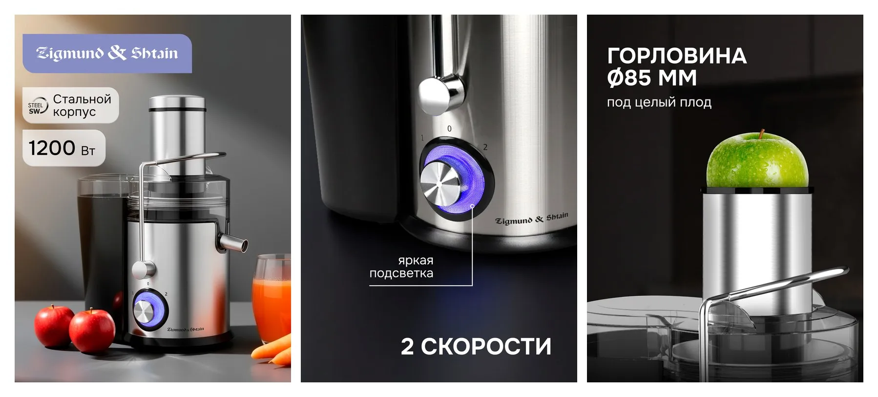 Соковыжималка Zigmund & Shtain EJ-756, электрическая, 1200 Вт, стальной Соковыжималка Zigmund & Shtain EJ-756, электрическая, 1200 Вт, стальной