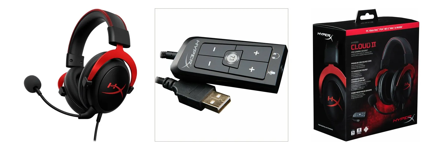 Наушники HyperX Cloud II , шумоподавление, складная конструкция, 7.1, USB звуковая карта