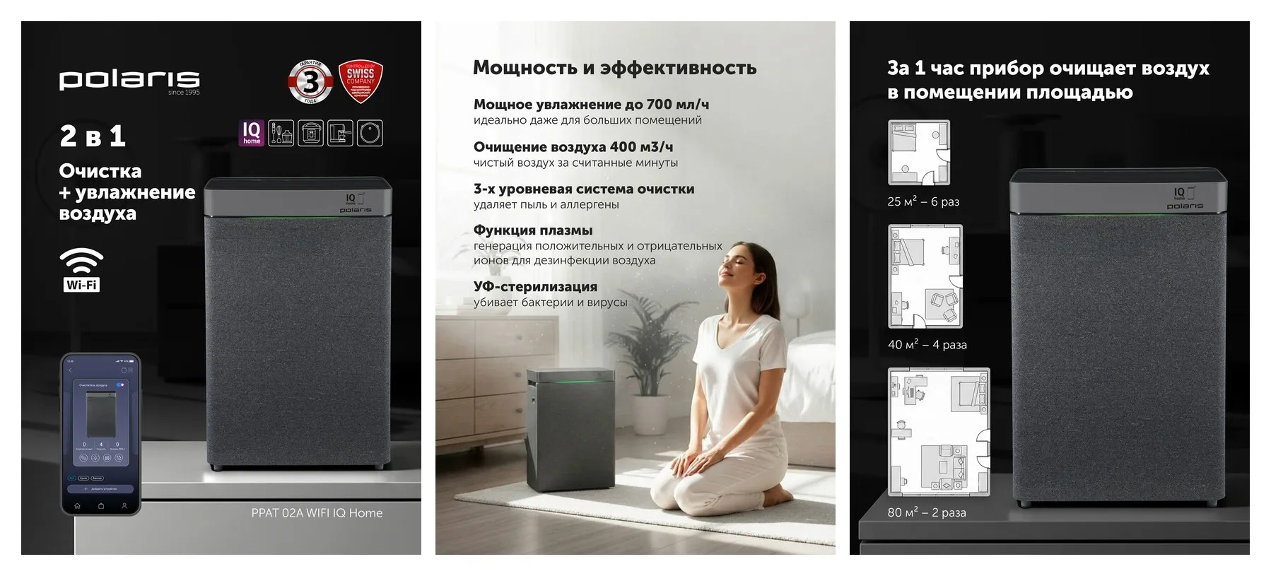 Очиститель + увлажнитель воздуха 2 в 1 PPAT 02A Wi-Fi IQ Home, графитовый
