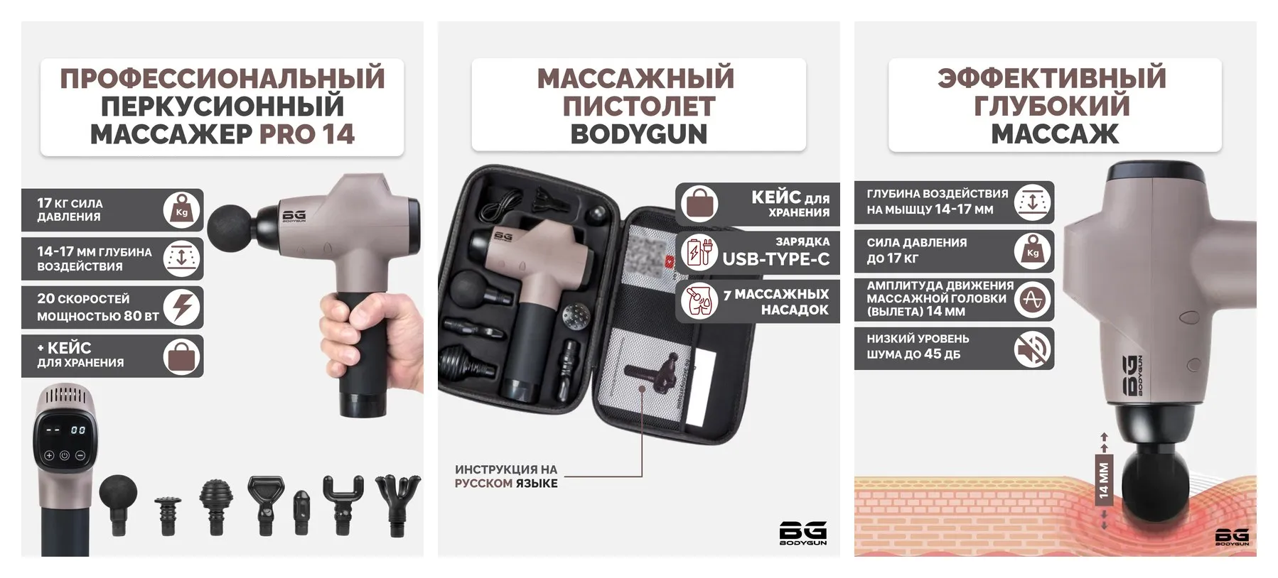 BODYGUN PRO14 Перкуссионный массажер, пистолет вибрационный от боли в мышцах: шеи и плеч, ног, икр, ягодиц и бедер 14мм