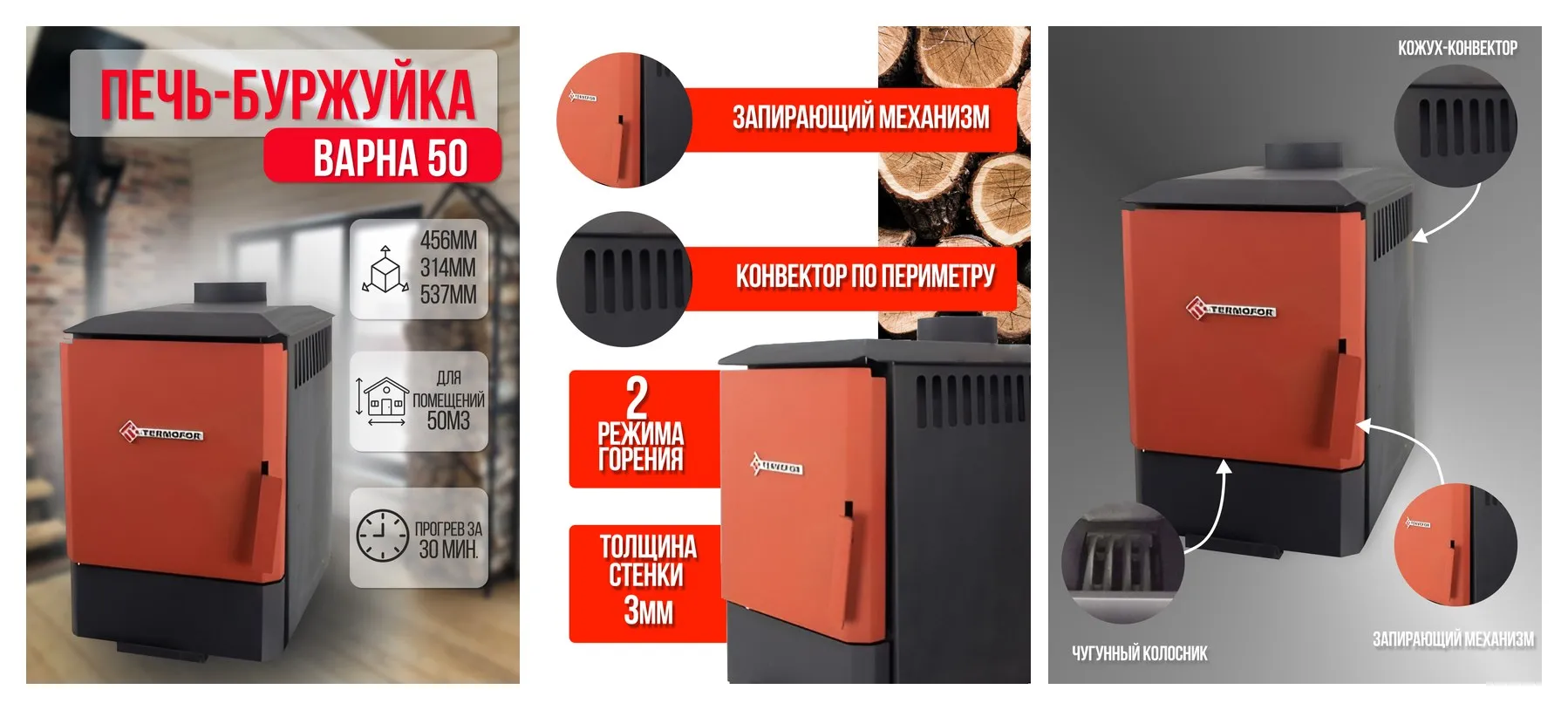 Печь отопительная дровяная для дома Термофор Варна 50, 3 кВт, до 50м3