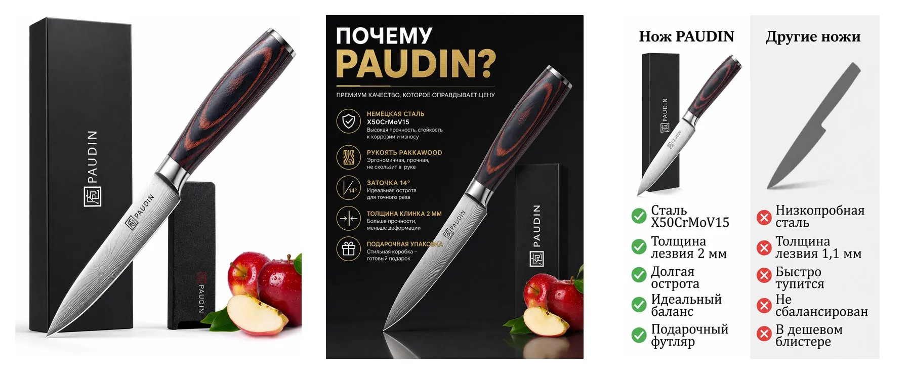 Нож кухонный PAUDIN профессиональный универсальный для овощей и фруктов лезвие 12 см, в подарочном футляре Нож кухонный PAUDIN профессиональный универсальный для овощей и фруктов лезвие 12 см, в подарочном футляре