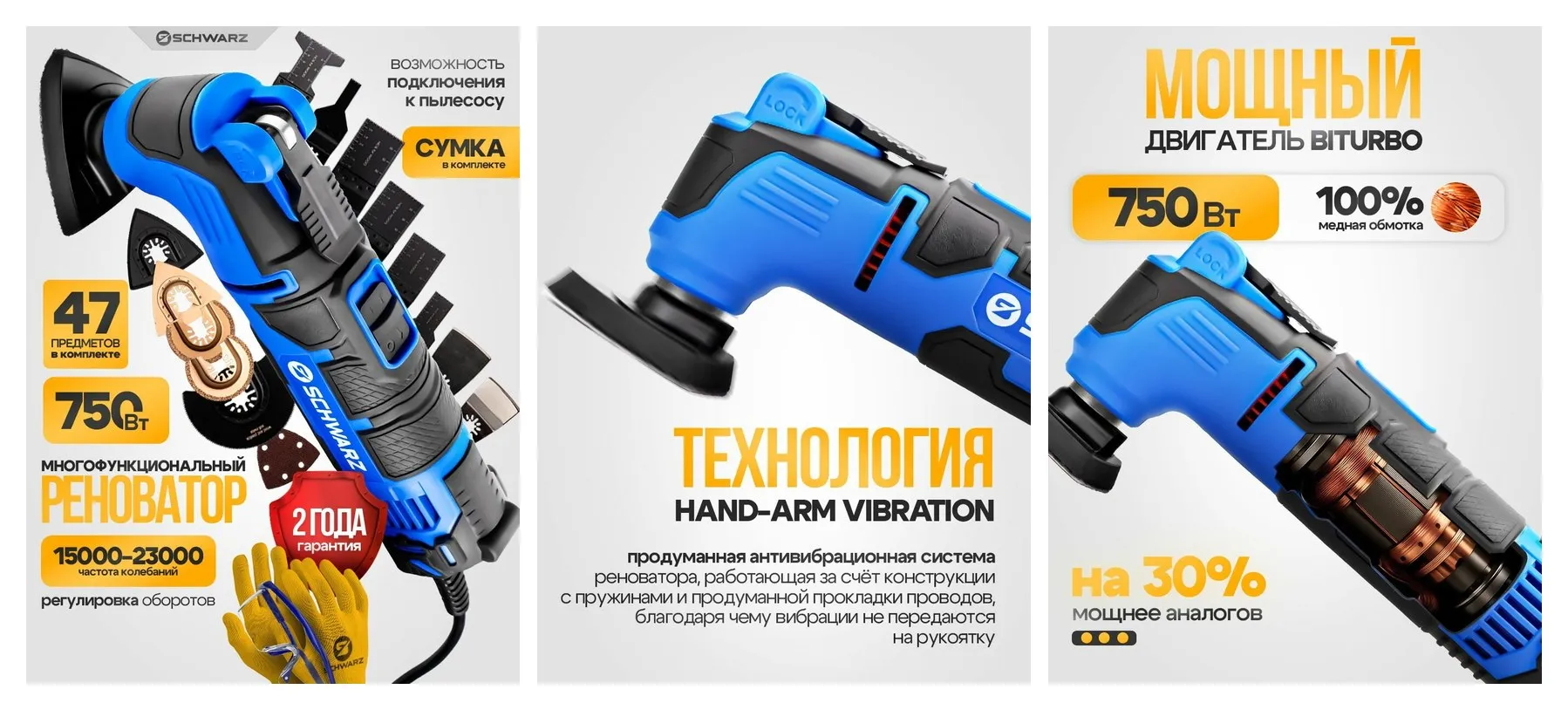Реноватор SCHWARZ/ RT-M, сетевой, 750Вт, антивибрационная система, подключение пылесоса