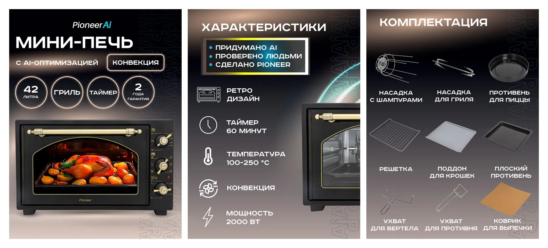 Электропечь 42л с конвекцией и грилем Pioneer MO5145G, 6 режимов нагрева, насадка для шашлыка, форма для пиццы, таймер Электропечь 42л с конвекцией и грилем Pioneer MO5145G, 6 режимов нагрева, насадка для шашлыка, форма для пиццы, таймер