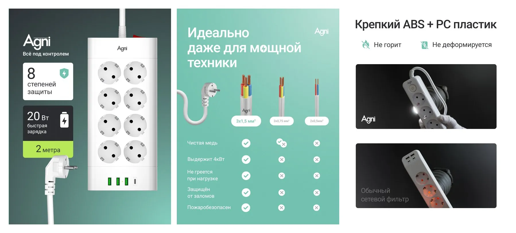 Сетевой фильтр с предохранителем, AGNI, 8 розеток / 3 USB / 1 TYPE-C, удлинитель 2 м, защитные шторки, негорючий пластик