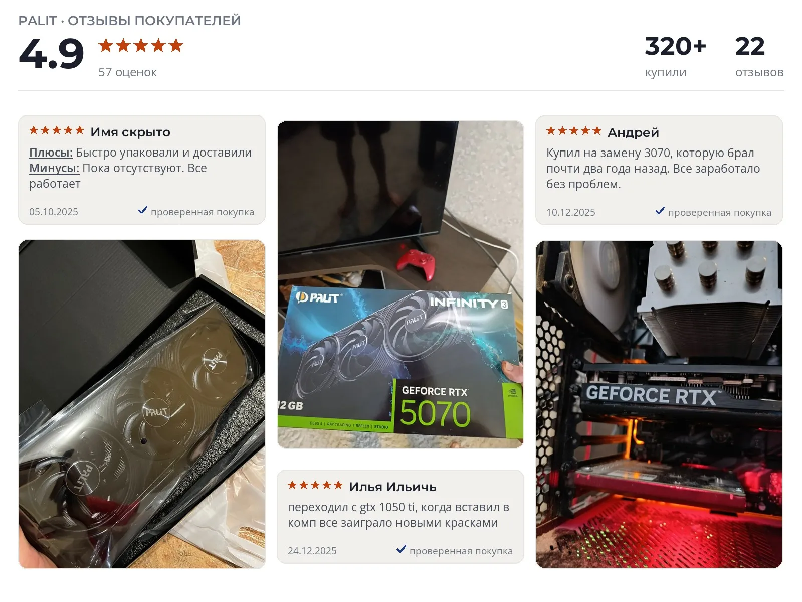 Отзывы и фотографии покупателей на Palit GeForce RTX 5070 INFINITY 3. Источник Яндекс.Маркет Видеокарта Palit GeForce RTX 5070 INFINITY 3 - реальные фото и отзывы покупателей