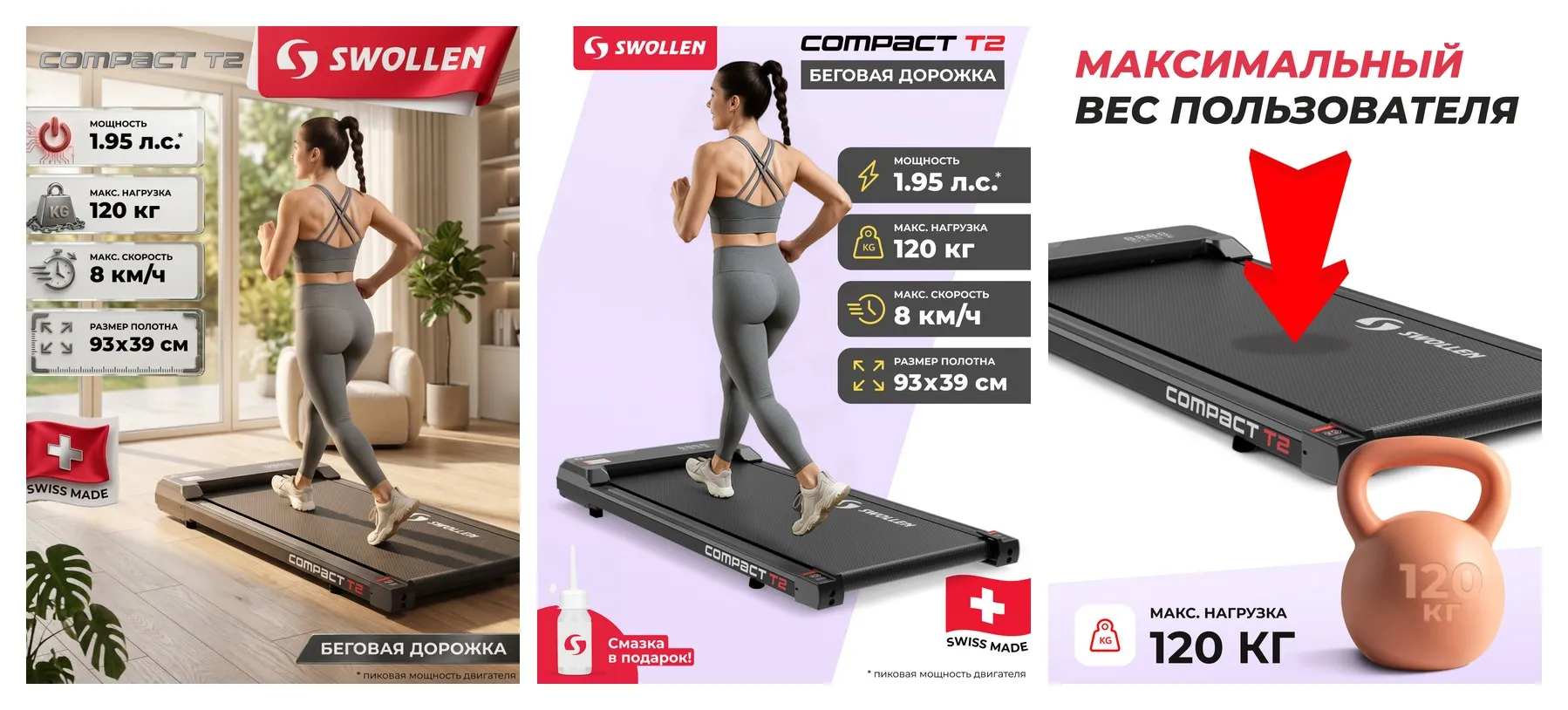 Беговая дорожка электрическая для дома SWOLLEN Compact T2 (1.95 л. с. - до 120 кг - 8 км./ч. - 93 х 39 см) Беговая дорожка электрическая для дома SWOLLEN Compact T2 (1.95 л. с. - до 120 кг - 8 км./ч. - 93 х 39 см)