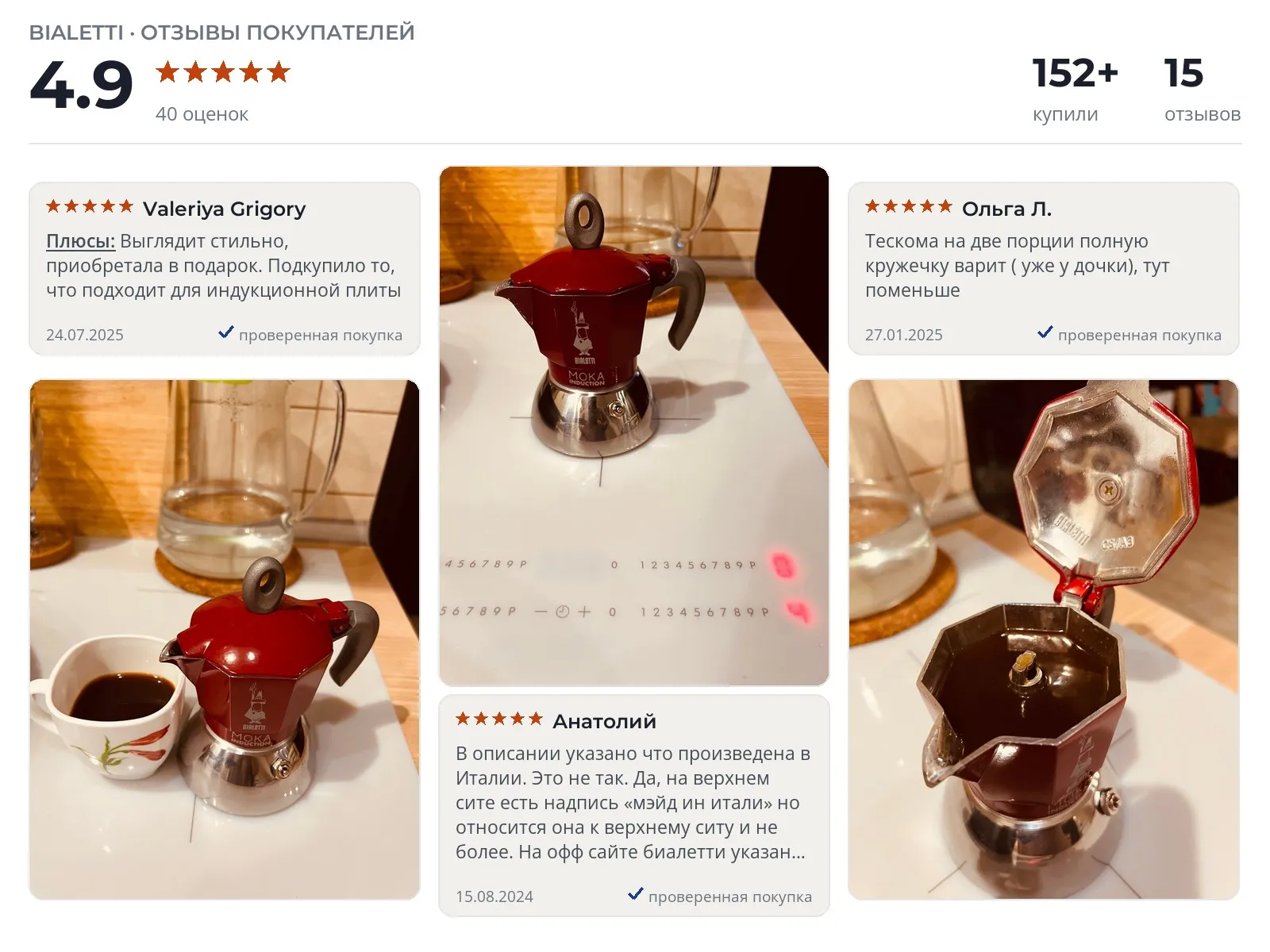 Отзывы и фотографии покупателей на Bialetti Moka Induction. Источник Яндекс.Маркет Гейзерная кофеварка Bialetti Moka Induction - реальные фото и отзывы покупателей