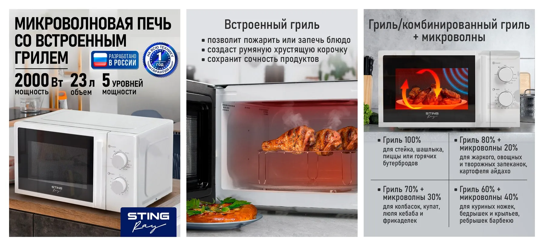 Микроволновка микроволновая печь СВЧ STINGRAY ST-MW153A гриль белый 23л, 2000Вт