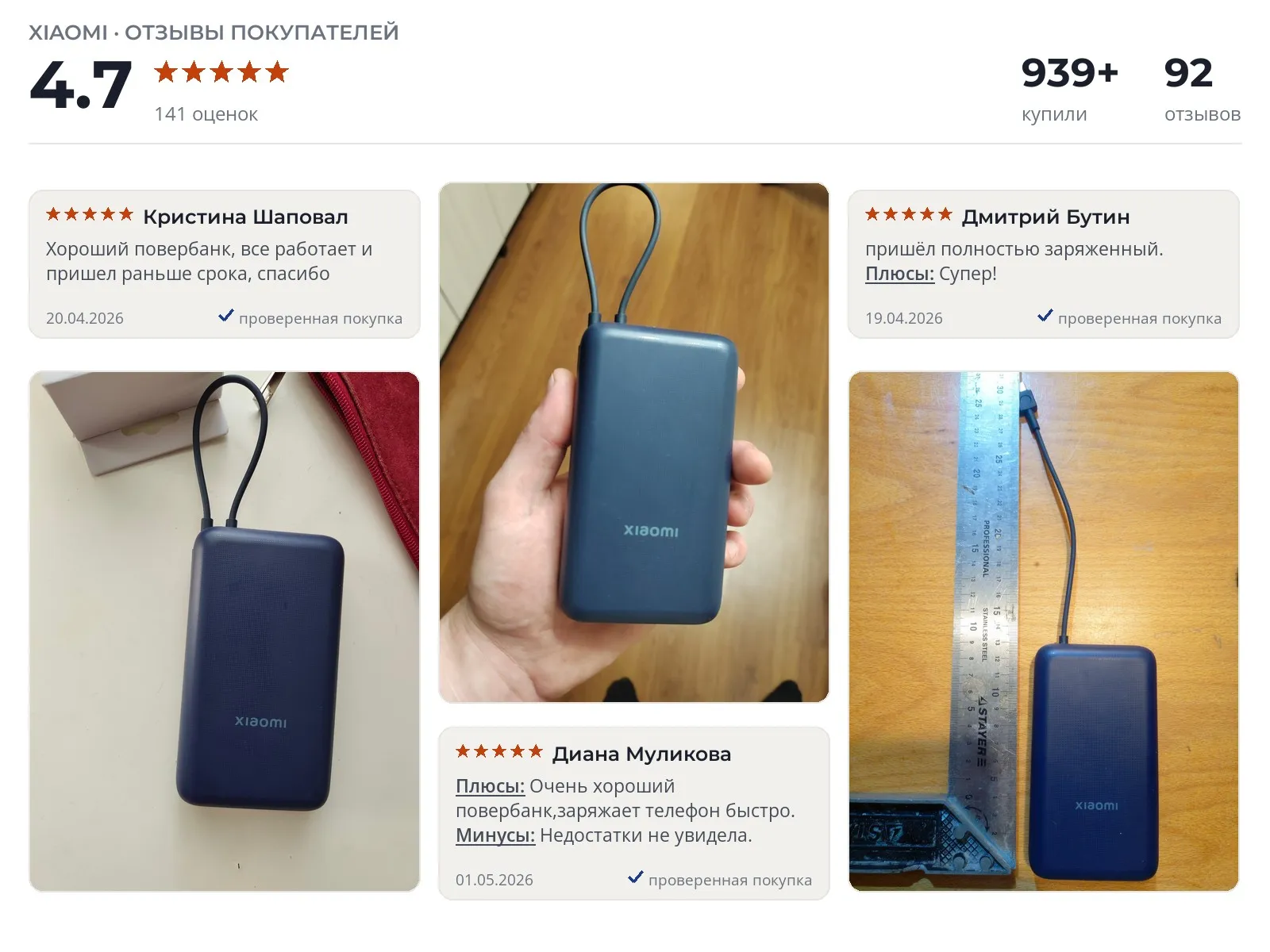 Отзывы и фотографии покупателей на Xiaomi Own Wired Power Bank PB2030MI. Источник Яндекс.Маркет Повербанк Xiaomi Own Wired Power Bank PB2030MI - реальные фото и отзывы покупателей