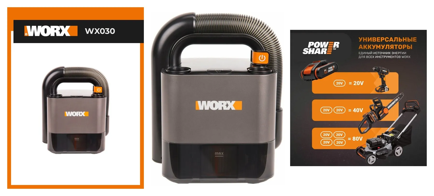 Аккумуляторный пылесос WORX WX030, 20В, 2Ач х1, ЗУ, 2 насадки, коробка
