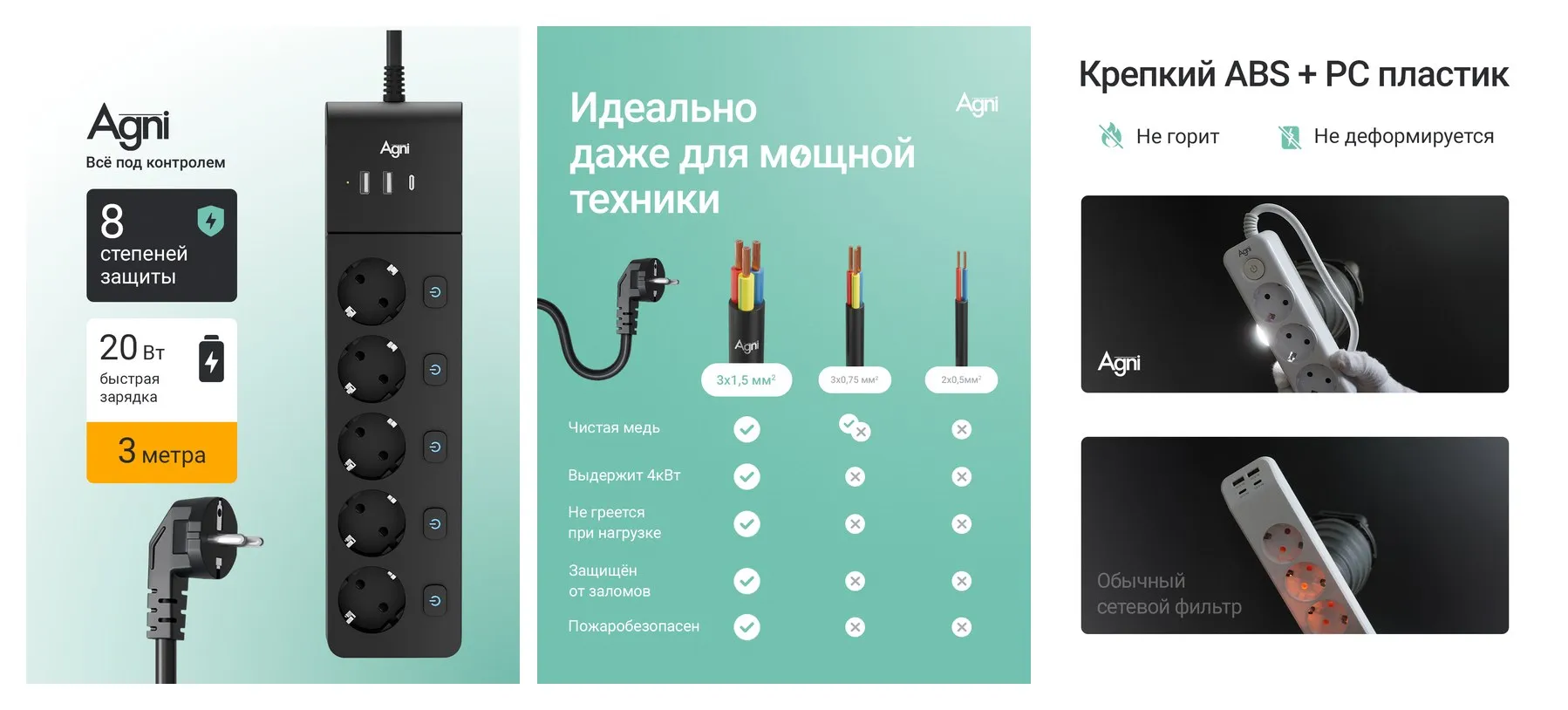 Сетевой фильтр с выключателем для каждой розетки AGNI, 5 розеток 220В, 2 USB 1 Type-C, 4000Вт / 16А, черный, кабель 3 м