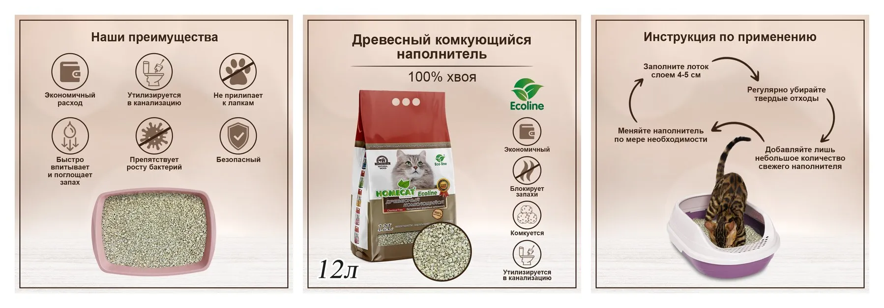 Наполнитель для кошачьих туалетов тофу HOMECAT ″Эколайн″ Originals древесный комкующийся 12 л 4 кг