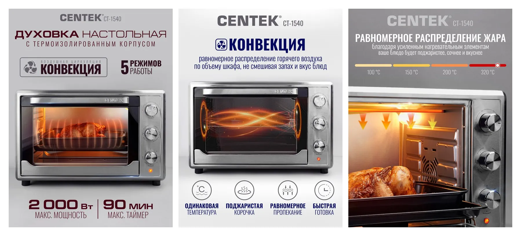 Духовка электрическая настольная, мини-печь с конвекцией Centek CT-1540: 50л, 2000Вт, таймер 90 мин, 4 режима работы Духовка электрическая настольная, мини-печь с конвекцией Centek CT-1540: 50л, 2000Вт, таймер 90 мин, 4 режима работы